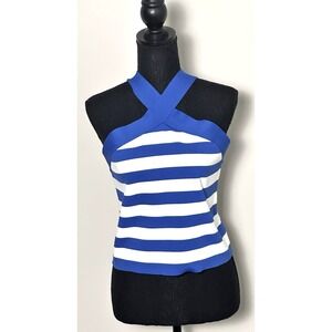 Sincerely Jules Womens Halter Style Blue‎ White Striped Ribbed Crisscross XL